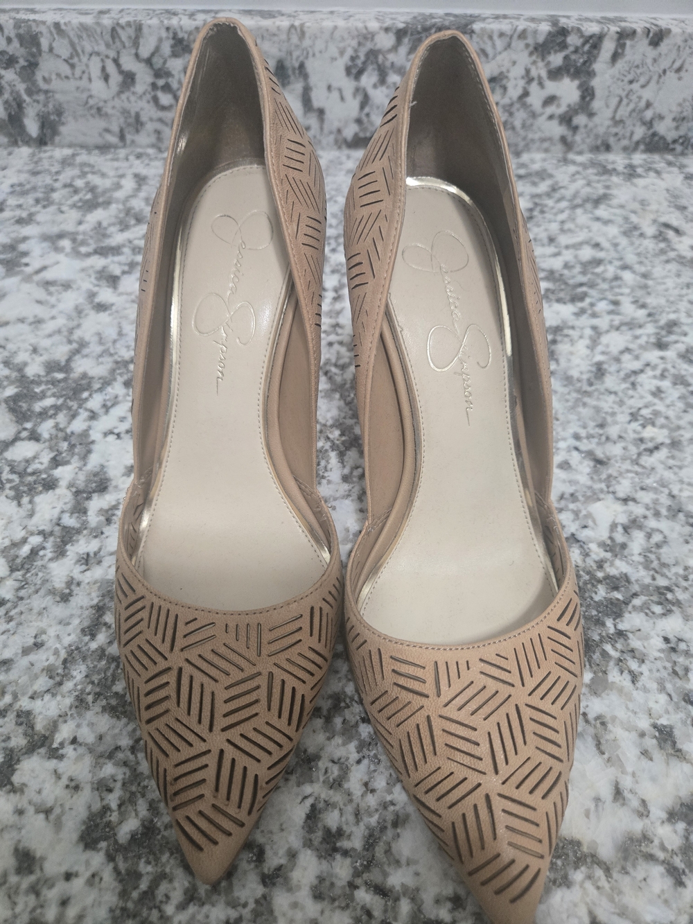 Jessica Simpson Nude Laser-Cut Pointed-Toe Pumps
